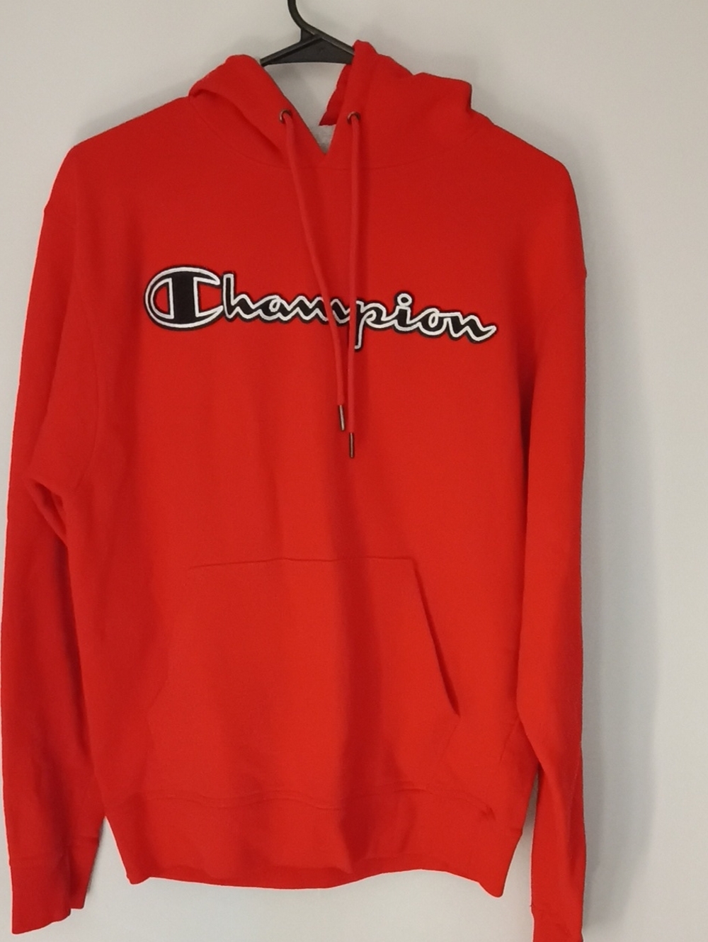 Champion Red Hoodie with Script Logo - Men's Pullover, Size M